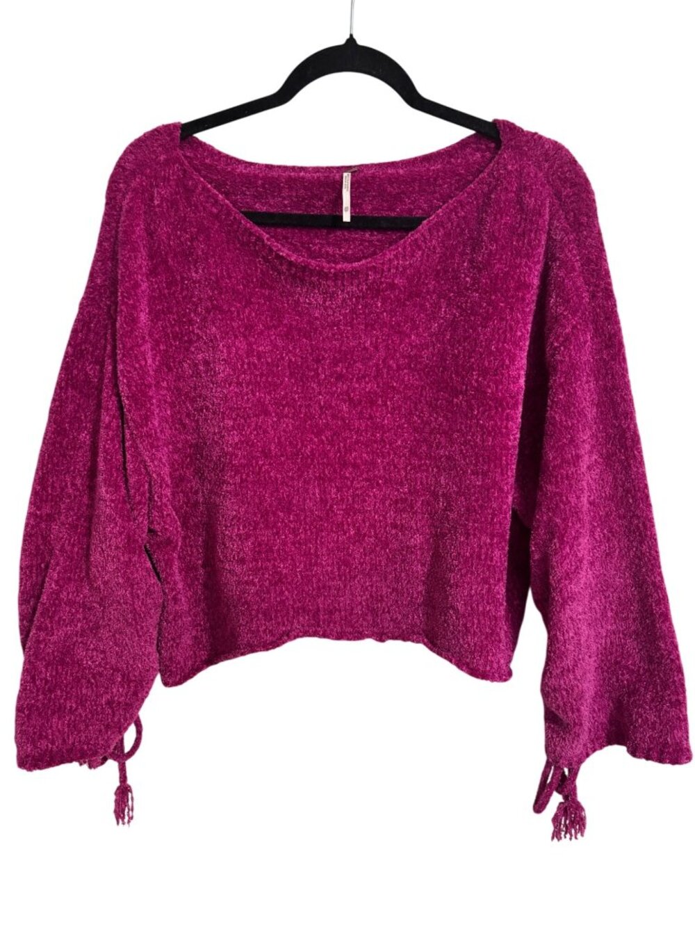 Free People Chenille Knit Sweater Semi cropped Bell Sleeve Tassel Ties Hot Pink
